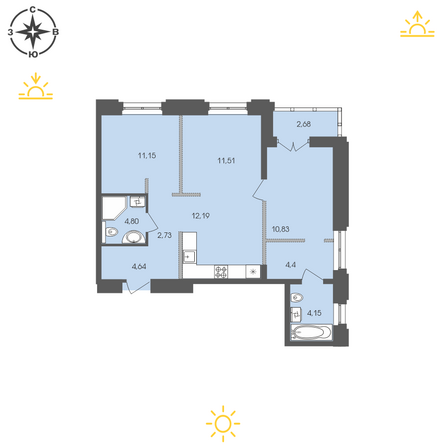 Планировка 2-комн 69,08 - 69,71 м²