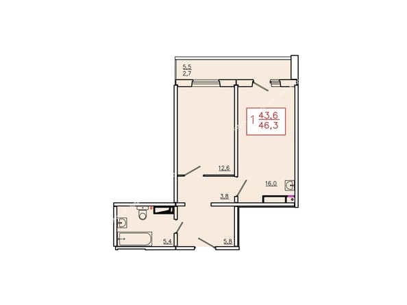 Планировка однокомнатной квартиры 46,3 кв.м. Этаж 17.