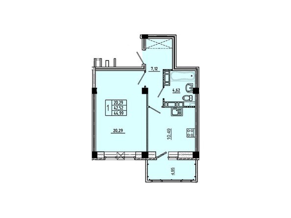 Планировка 1-комнатной квартиры 44,99 кв.м