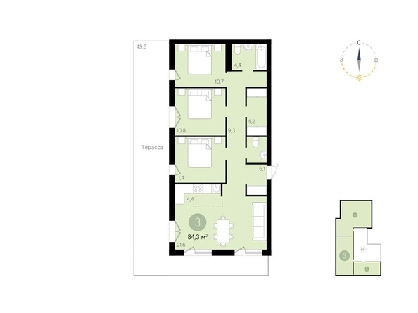 Планировка 3-комнатной квартиры 84,2 кв.м
