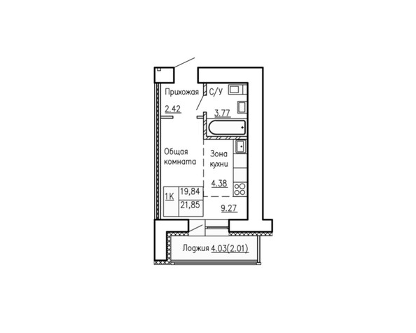 Планировка однокомнатной квартиры 21,58 кв.м