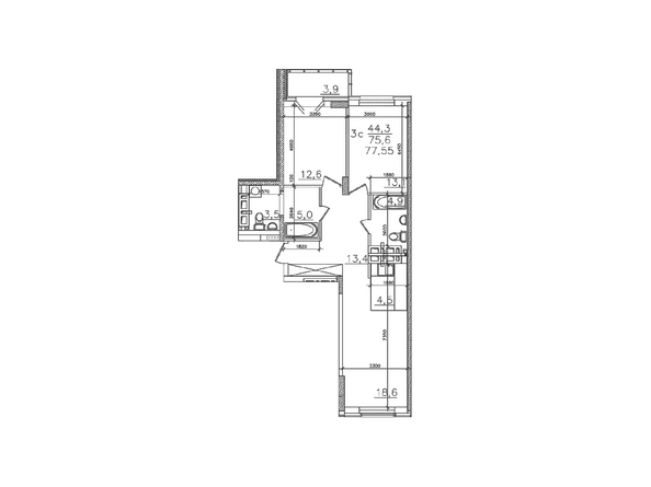 Планировка трехкомнатной квартиры 75,6 кв.м