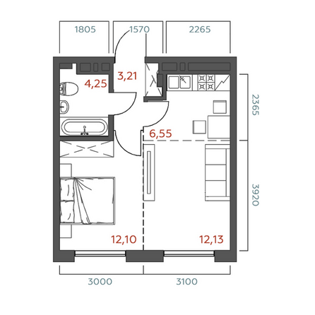 Планировка 1-комн 38,24, 38,25 м²