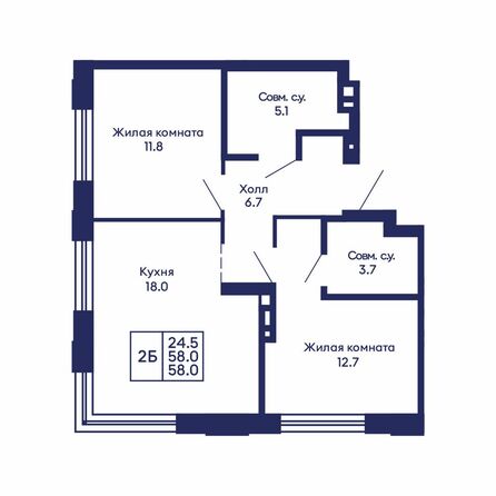Планировка 2-комн 58 м²