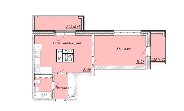 Планировка 1-комн 50,13 м²