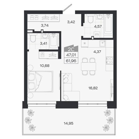 Планировка 2-комн 47,01 м²