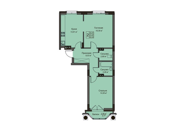 2-комнатная 62,44 кв.м