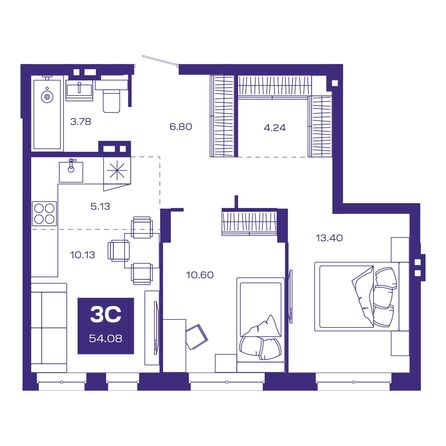 Планировка 3-комн 53,98, 54,08 м²