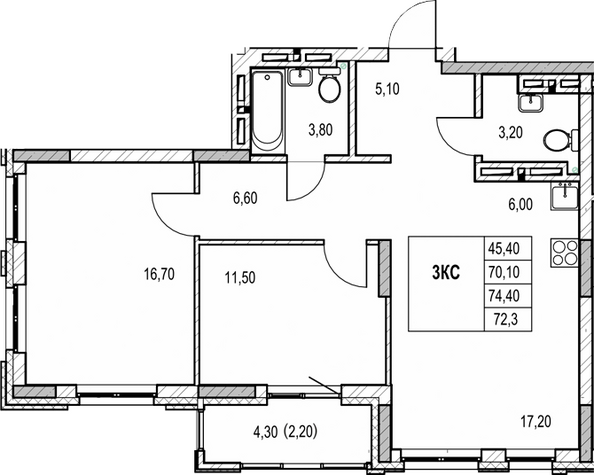 Планировка 2-комн 70,1 - 70,5 м²
