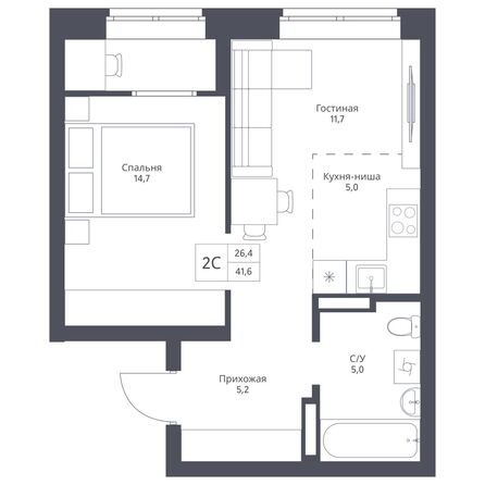 Планировка 2-комн 41,6 м²