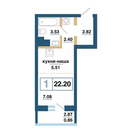 Планировка 1-комн 22,2 м²