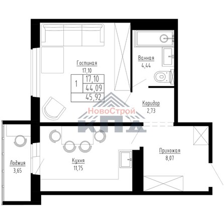 Планировка 1-комн 46 м²