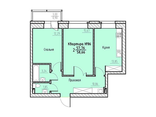 Планировка двухкомнатной квартиры 58,66 кв.м
