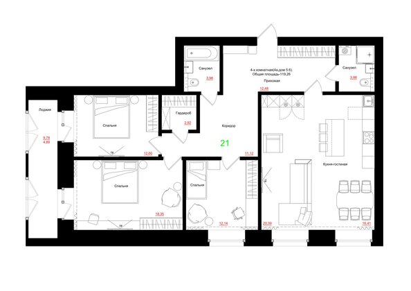 Планировка 4-комн 119,26 м²