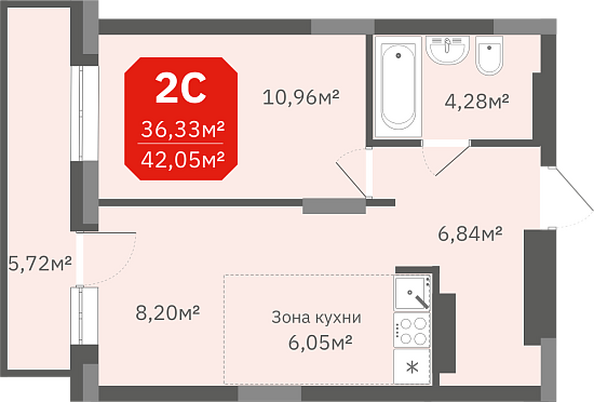 Планировка 2-комн 36,33 м²