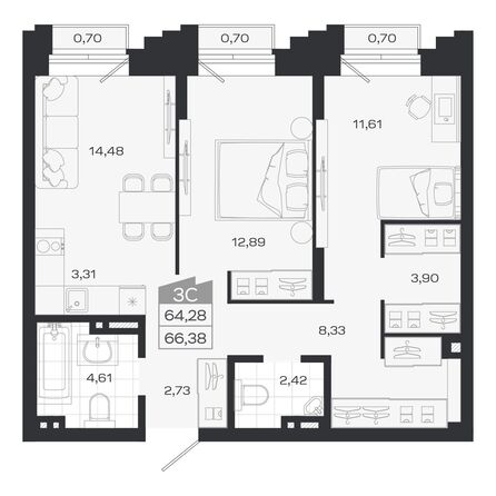 Планировка 3-комн 64,28, 64,67 м²