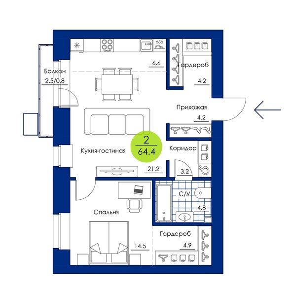 Планировка 2-комн 64,4 м²
