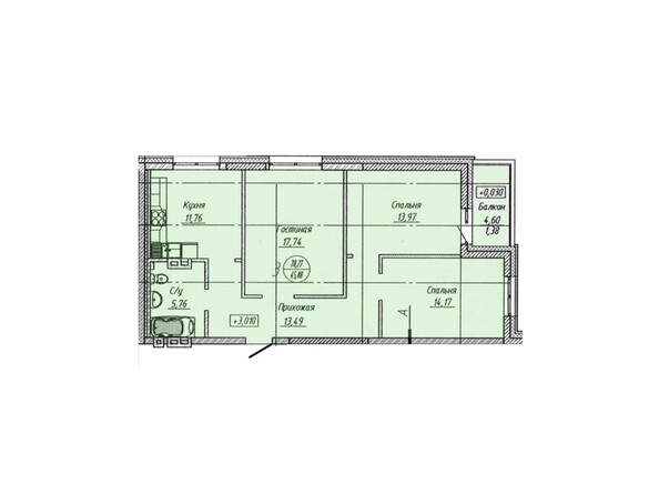 Планировка 3-комнатной квартиры 78,27 кв.м