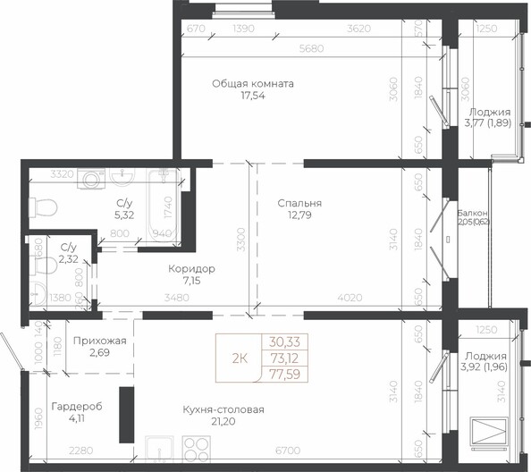 Планировка 2-комн 77,59 м²