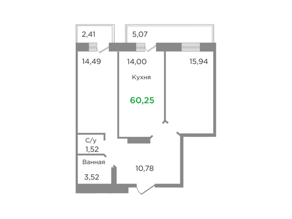 Планировка двухкомнатной квартиры 60,25 кв.м