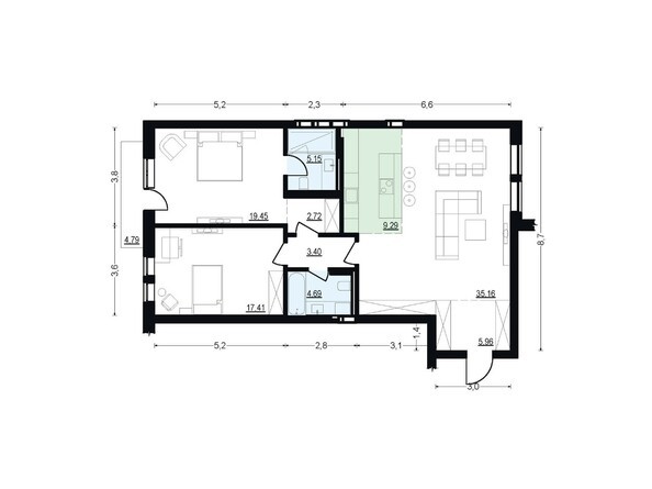 Планировка трехкомнатной квартиры 103,23 кв.м