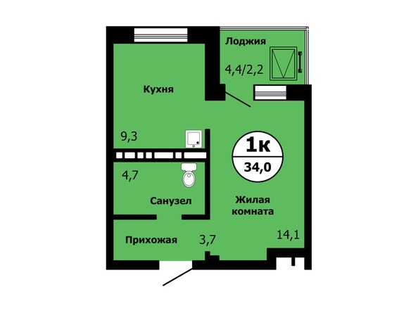 Планировка 1-комн 33,2 - 34 м²