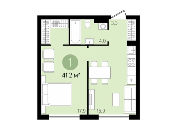 1-комнатная 41,2 кв.м