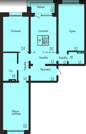 Планировка 3-комн 88,4 м²