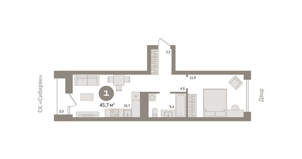 Планировка 1-комн 45,74 - 46,27 м²