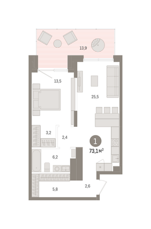 Планировка 1-комн 73,09 м²