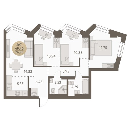 Планировка 4-комн 74,95, 75,17 м²