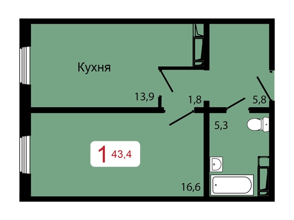 Планировка 1-комн 43,4 м²