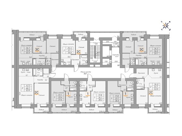 Планировка 14-16 этажей, 2 б/с