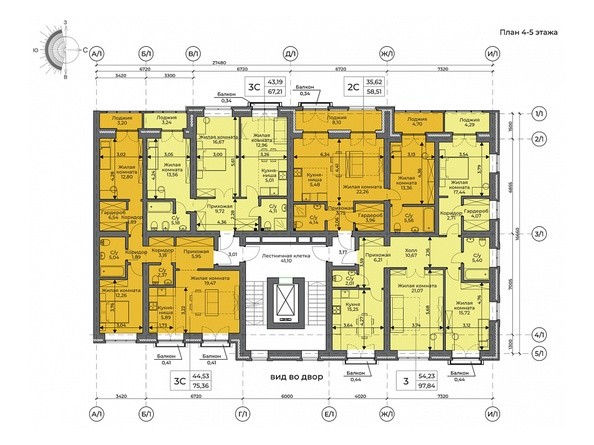 Планировка 4-5 этажей, 1 секция