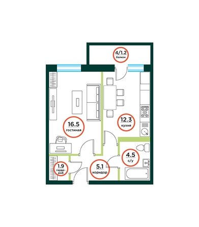 
   Продам 1-комнатную, 42.47 м², ЭКО, дом 1

. Фото 1.