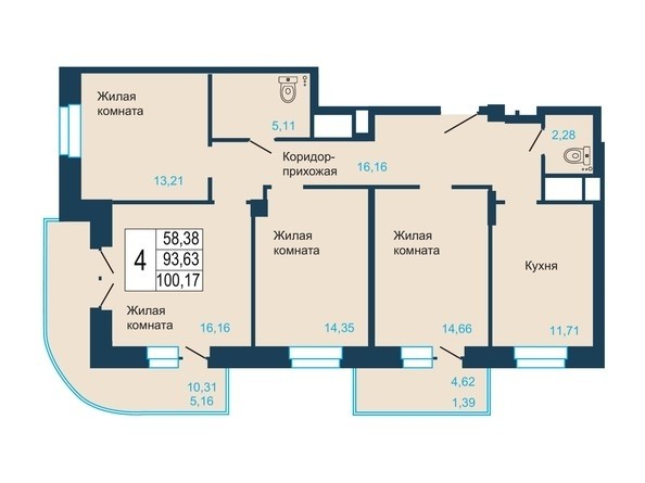 
   Продам 4-комнатную, 100.17 м², Светлогорский, II очередь

. Фото 1.