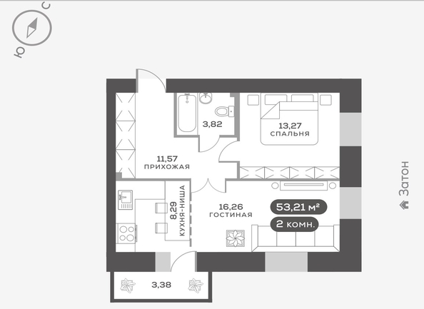 
   Продам 2-комнатную, 53.21 м², Южный берег, дом 24

. Фото 1.