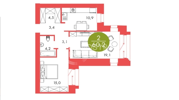 
   Продам 2-комнатную, 60.2 м², Барбарис

. Фото 1.