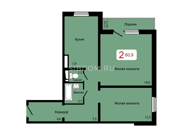 
   Продам 2-комнатную, 60.9 м², Мичурино, дом 2 строение 5

. Фото 1.