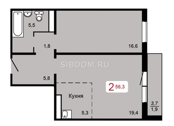 
   Продам 2-комнатную, 56.3 м², 60 лет Октября ул, 90

. Фото 6.