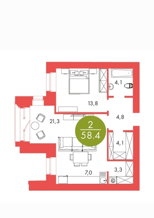 
   Продам 2-комнатную, 58.4 м², Барбарис

. Фото 1.