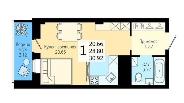 
   Продам 1-комнатную, 30.92 м², На Дудинской, дом 5

. Фото 1.