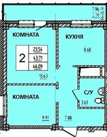 
   Продам 2-комнатную, 46.24 м², Дом на Светлова

. Фото 1.