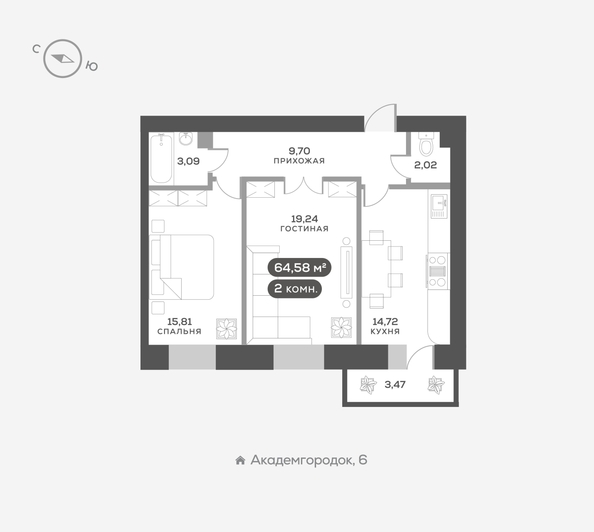 
   Продам 2-комнатную, 65.3 м², Академгородок ул, 80

. Фото 18.