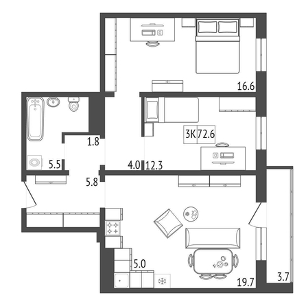 
   Продам 3-комнатную, 72.6 м², КБС. Берег, дом 5 строение 1

. Фото 1.
