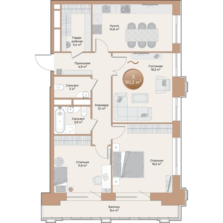 
  Продается 3-комн. квартира, 84.3 м², ЖК Небо над Енисеем
. Фото 2.