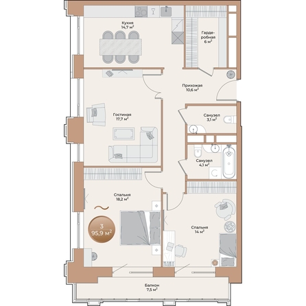 
  Продается 3-комн. квартира, 90.7 м², ЖК Небо над Енисеем
. Фото 2.