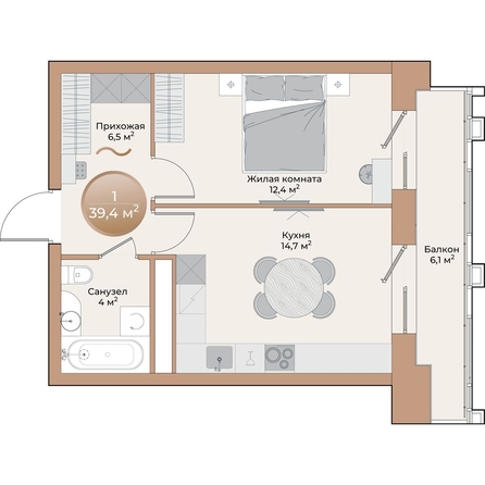 
  Продается 1-комн. квартира, 39.4 м², ЖК Небо над Енисеем
. Фото 2.