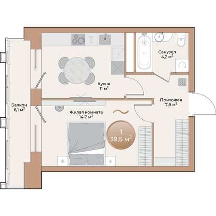 
  Продается 1-комн. квартира, 39.5 м², ЖК Небо над Енисеем
. Фото 2.