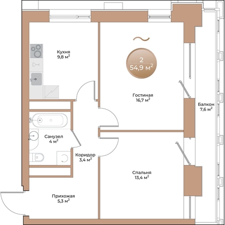 
  Продается 2-комн. квартира, 54.9 м², ЖК Небо над Енисеем
. Фото 1.